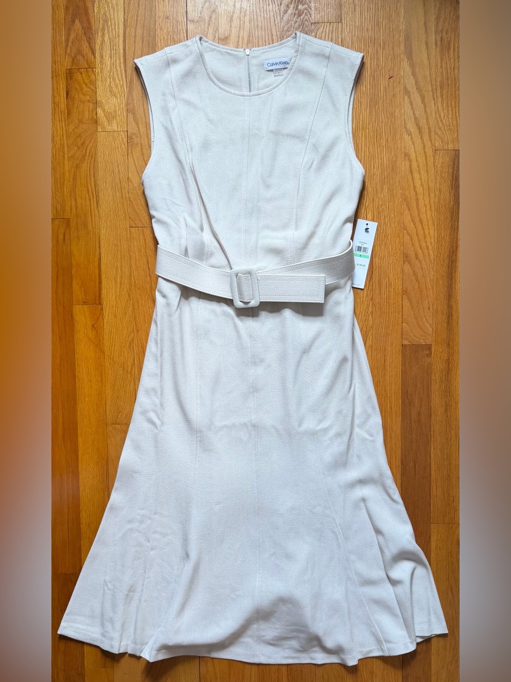 Calvin Klein Sleeveless Cream Belted A-Line Dress